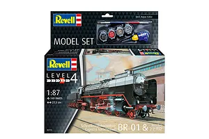 Revell 1/87 scale Express Locomotive BR01 &amp; Tender model kit box, featuring a steam train illustration, paint pots, glue, and a brush.