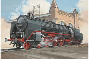 An artistic illustration of a black and red BR02 steam locomotive with a tender, shown on tracks in front of a brick station building.