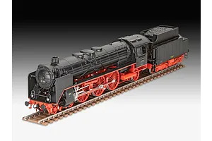 A 1/87 scale plastic model of a black and red steam locomotive with tender, displayed on a short section of model railway track.