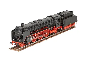 A 1/87 scale model of a black and red BR02 express steam locomotive with tender, displayed on a short section of brown model railway track.