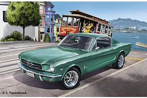 Box art illustration of a green 1965 Ford Mustang 2+2 Fastback parked on a San Francisco street with a cable car in the background.