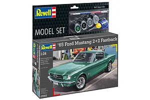Revell 1/24 scale 1965 Ford Mustang 2+2 Fastback model kit box showing a green car illustration, paint pots, glue, and a paintbrush.
