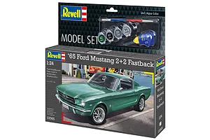 Revell 1/24 scale 1965 Ford Mustang 2+2 Fastback model kit box showing a green car illustration and included paints and glue.