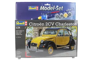 Revell 1/24 scale Citroen 2CV Charleston plastic model starter kit box showing the finished car model and included paint, glue, and brush.