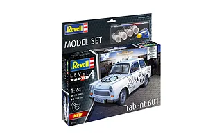 Revell 1/24 scale Trabant 601S Builder's Choice model kit packaging showing a decorated white car with peace symbols and doves.