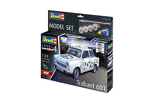 Revell 1/24 scale Trabant 601S Builder's Choice model kit box showing a white car with peace-themed decals, paint pots, and glue included.