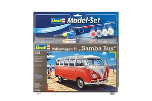 Revell 1/24 scale Volkswagen T1 Samba Bus model kit in original blister packaging with included paint pots and glue.