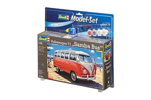 Revell 1/24 scale Volkswagen T1 Samba Bus model kit in blister packaging with included paints, glue, and a paintbrush.
