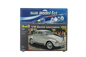 Revell 1/24 scale VW Beetle Limousine 1968 model kit in blister packaging, including paint, glue, and brush.