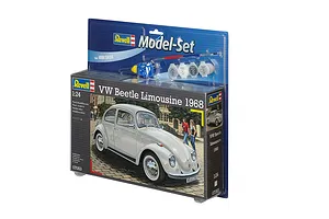 Revell 1/24 scale VW Beetle Limousine 1968 model kit in blister packaging with included paint and brush.