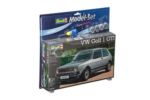 Revell 1/24 scale VW Golf 1 GTI plastic model kit in a blister pack including paint pots, glue, and a paintbrush.