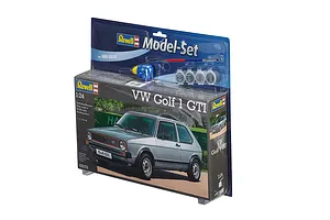 Revell 1/24 scale VW Golf 1 GTI plastic model starter kit in blister packaging, including paint pots, glue, and a paintbrush.