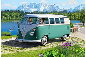 An artistic illustration of a two-tone green and white Volkswagen T1 Bus parked by a lake with mountains in the background.