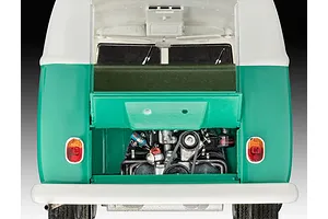 Rear view of a 1/24 scale Revell VW T1 Bus model kit with the engine bay hatch open, revealing detailed engine components.