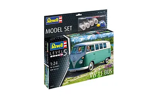 Revell 1/24 scale VW T1 Bus model kit box featuring a green and white van, including paints, glue, and a brush.