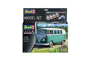 Revell 1/24 scale VW T1 Bus plastic model kit box showing the finished model, paints, and glue included in the starter set.