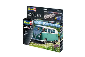 Revell 1/24 scale VW T1 Bus plastic model kit box showing the finished model, paints, glue, and brush included.