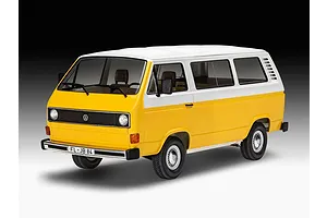 A completed 1/24 scale Revell plastic model kit of a yellow and white Volkswagen T3 bus, shown from a front three-quarter angle.
