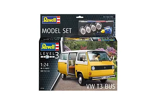 Revell 1/24 scale VW T3 Bus plastic model kit box showing a yellow and white van with included paints, brush, and glue.