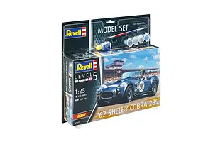 Revell 1/25 scale '62 Shelby Cobra 289 model kit in blister packaging, including paint pots, glue, and a paintbrush.