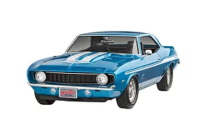 A studio shot of a completed 1/25 scale plastic model of a blue 1969 Chevy Camaro Yenko with white racing stripes and YearOne branding.