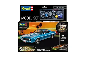 Revell 1/25 scale Fast &amp; Furious 1969 Chevy Camaro Yenko model kit box showing the blue car, paint pots, glue, and brush.