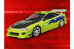 A 1/25 scale plastic model of Brian's lime green 1995 Mitsubishi Eclipse from Fast &amp; Furious, featuring blue decals and a carbon fiber hood.