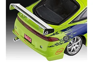 Rear view of a lime green 1995 Mitsubishi Eclipse model car with blue decals, a large chrome rear wing, and Arizona license plate RNO 263.