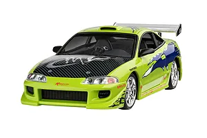 A 1/25 scale model of Brian's 1995 Mitsubishi Eclipse from Fast &amp; Furious, featuring a lime green body with blue graphics and a carbon fiber hood.