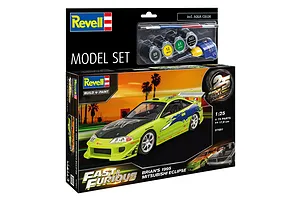 Revell 1/25 scale model kit box for Brian's 1995 Mitsubishi Eclipse from Fast &amp; Furious, featuring a lime green car and included paint and glue.