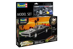 Revell 1/25 scale model kit box for Dominic's 1970 Dodge Charger from Fast &amp; Furious, including paints, glue, and a brush.