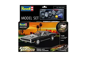 Revell 1/25 scale plastic model kit box for Dominic's 1970 Dodge Charger from Fast &amp; Furious, featuring a black car model and included paint and brush.