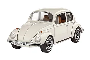 A studio shot of a completed 1/32 scale Revell VW Beetle model car in white with brown interior, isolated on a white background.