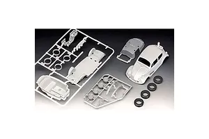 Unassembled plastic model kit parts for a 1/32 scale VW Beetle, including sprues, car body, and rubber tires on a gradient background.