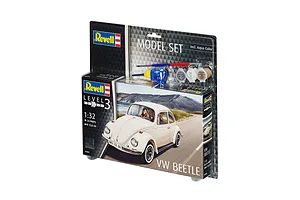 Revell 1/32 scale VW Beetle plastic model starter kit in retail blister packaging, including paint, glue, and a brush.