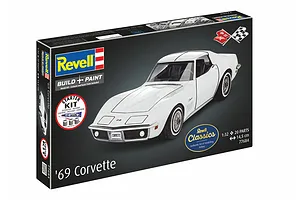Revell 1/32 scale '69 Corvette model kit box showing a white sports car on a black background with included paint and glue icons.