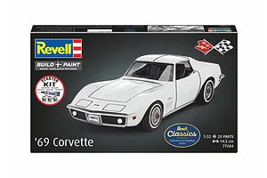 Revell 1/32 scale '69 Corvette plastic model starter kit box showing a white classic Corvette car.