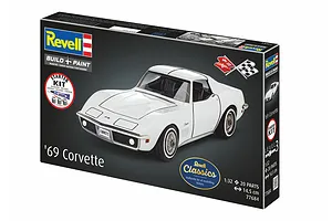 Revell 1/32 scale '69 Corvette plastic model starter kit box, featuring a white Corvette C3 on the front.