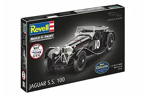 Revell 1/32 scale Jaguar SS 100 plastic model starter kit box showing a black vintage sports car model.