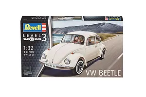 Revell 1/32 scale VW Beetle plastic model kit box showing a cream-colored classic Volkswagen Beetle driving along a coastal road.