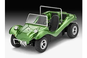 A finished 1/32 scale Revell VW Buggy plastic model car in metallic green with black interior and silver roll bar.