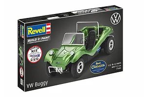 Revell 1/32 scale VW Buggy plastic model starter kit box showing a green model buggy, paint, and glue.