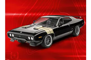 A 1/24 scale model of Dominic Toretto's black 1971 Plymouth GTX from Fast &amp; Furious, featuring gold hood stripes and a rear spoiler, set against a red background.