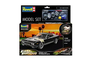 Revell 1/24 scale plastic model kit box for Dominic's 1971 Plymouth GTX from Fast &amp; Furious, featuring paints, glue, and a brush.