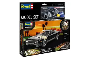 Revell 1/24 scale Fast &amp; Furious 1971 Plymouth GTX model kit box featuring a black muscle car on a sunset background with included paint and brush.