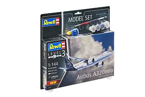 Revell 1/144 scale Airbus A320neo Lufthansa model kit in blister packaging with included paints, glue, and brush.