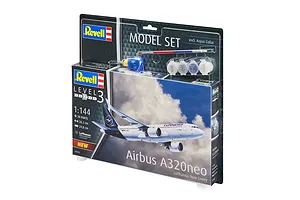 Revell 1/144 scale Airbus A320neo Lufthansa model kit in blister packaging with included paint, glue, and brush.