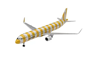 A 1/144 scale plastic model of an Airbus A321-200 in Condor livery with yellow and white stripes, shown against a white background.