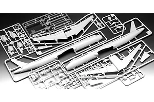 Plastic model kit sprues for an Airbus A321-200 aircraft, showing fuselage halves, wings, and engine parts on a dark background.