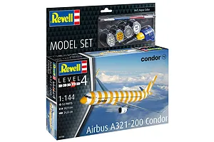 Revell 1/144 scale Airbus A321-200 Condor plastic model kit box showing the finished model with yellow and white stripes flying above clouds.